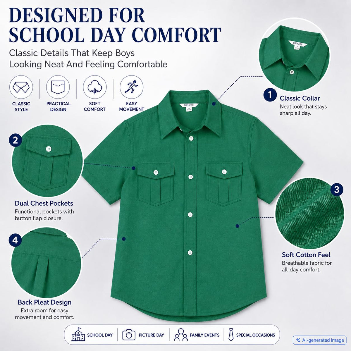 Boys' School Shirt Short-Sleeve Button Placket – Dark Green 12