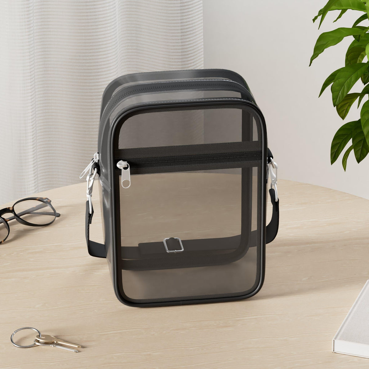MoKo Transparent Crossbody Shoulder Bag Station Approved Tote with Detachable Strap – Black
