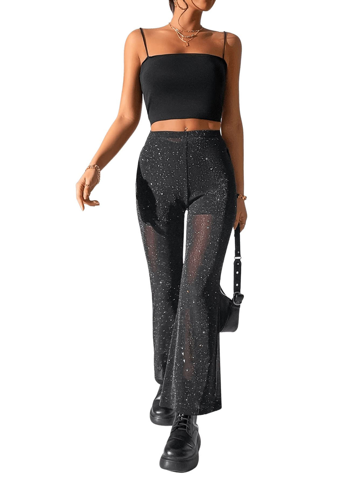 GORGLITTER Mesh Pants Women Transparent Flared Pants With High Waist Glitter Pants Long Party Pants Glitter Flared Pants Black S