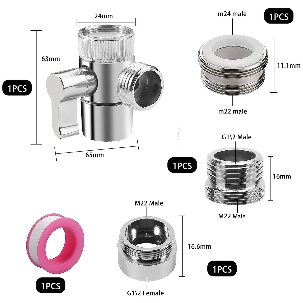 3-way faucet diverter valve, 3-way faucet diverter valve adapter diverter valve with adapter for M22 M24 G1/2 faucet