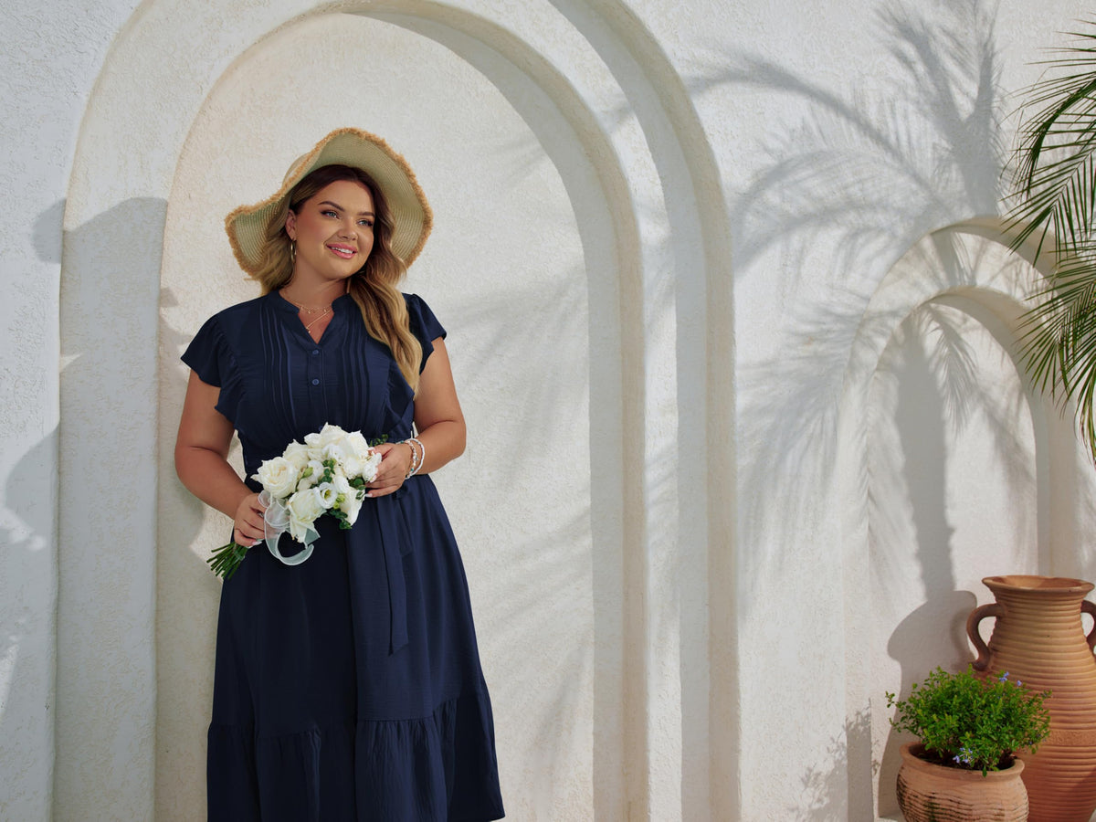 Women's Plus Size Midi Dress V-Neck Button Placket A-Line with Belt – Navy 46
