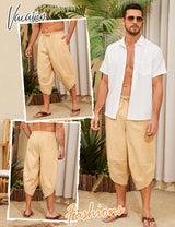 Men's 3/4 Lightweight Summer Trousers Baggy Cotton Harem with Drawstring & Pockets – M