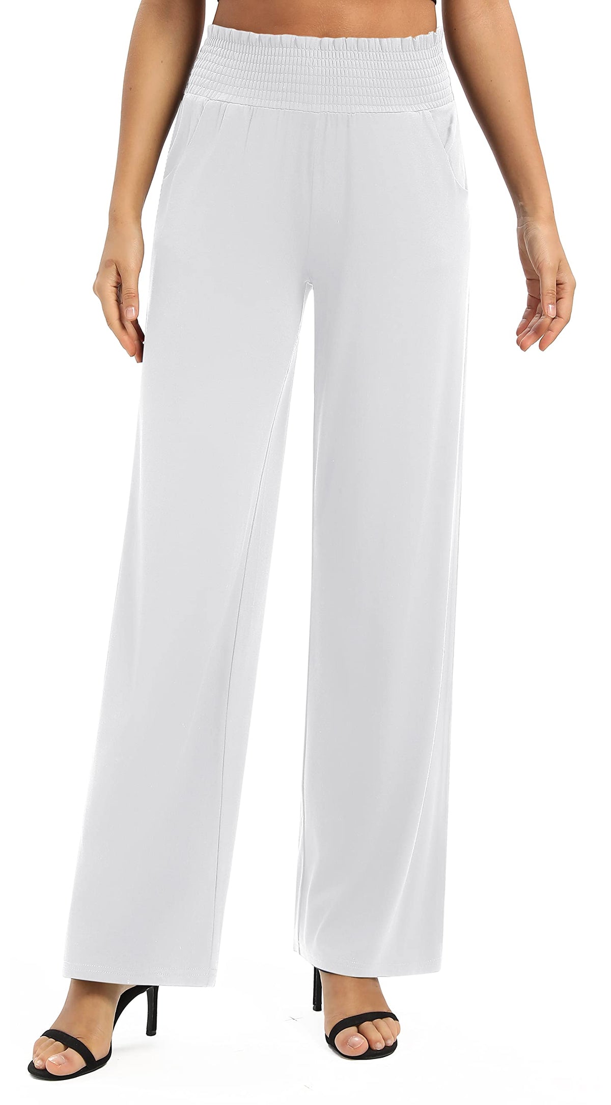 Pantaloni palazzo largi cu talie înaltă elastică EXCHIC – Alb S