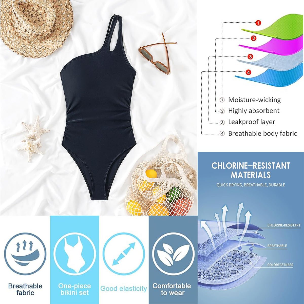 Costum de baie întreg damă USUN elegant decolteu în V push-up cu falduri modelatoare burtică