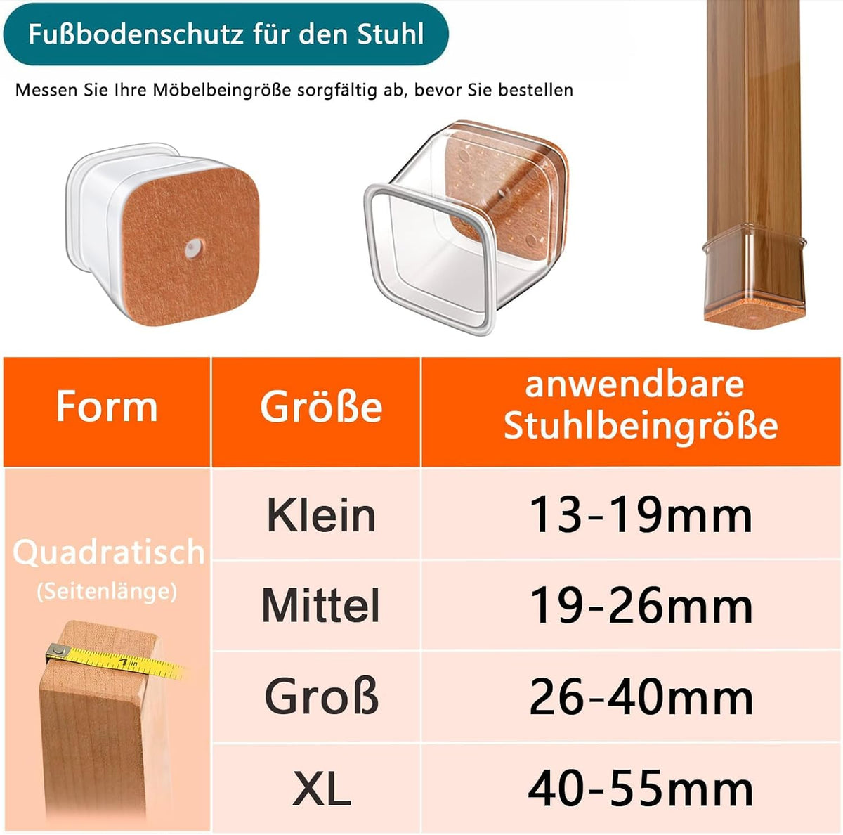 20 Pieces Square Chair Pads (Scope of Application 26-40 mm) Silicone Chair Pads, Transparent Chair Leg Protectors, Anti-Scratch Floor Protection
