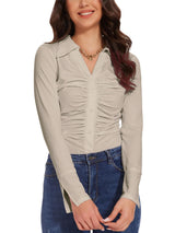 Women's Long Sleeve Tunic Blouse Pleated Button Detail