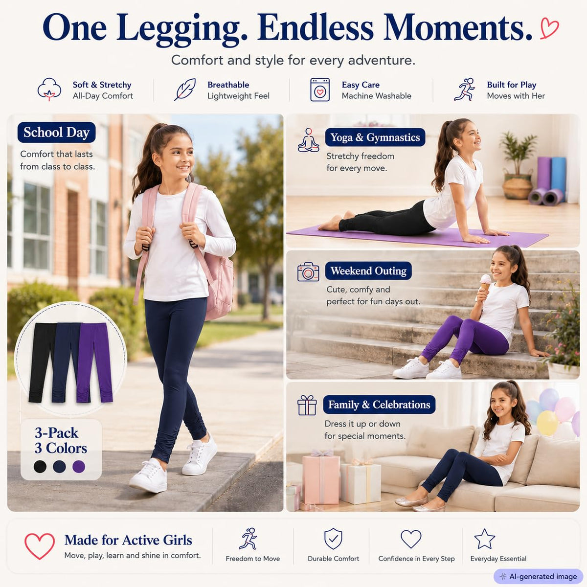 Girls' Stretch Leggings Cotton School Yoga Tights – Black/Purple/Navy 122