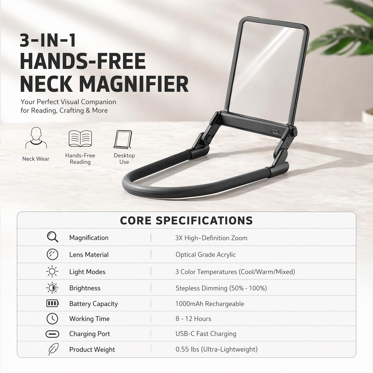 LED Gooseneck Magnifier 3x Rectangular Lens 40 LEDs Dimmable 3 Colours – Extra Large