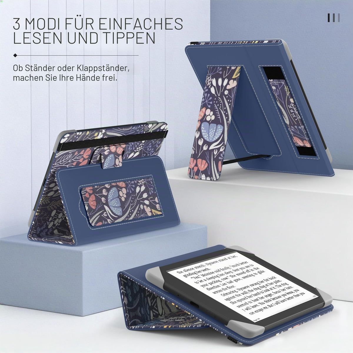 MoKo 6-inch E-reader & Tablet Case PU Leather Folio, Hand Strap & Stand – Night Blue