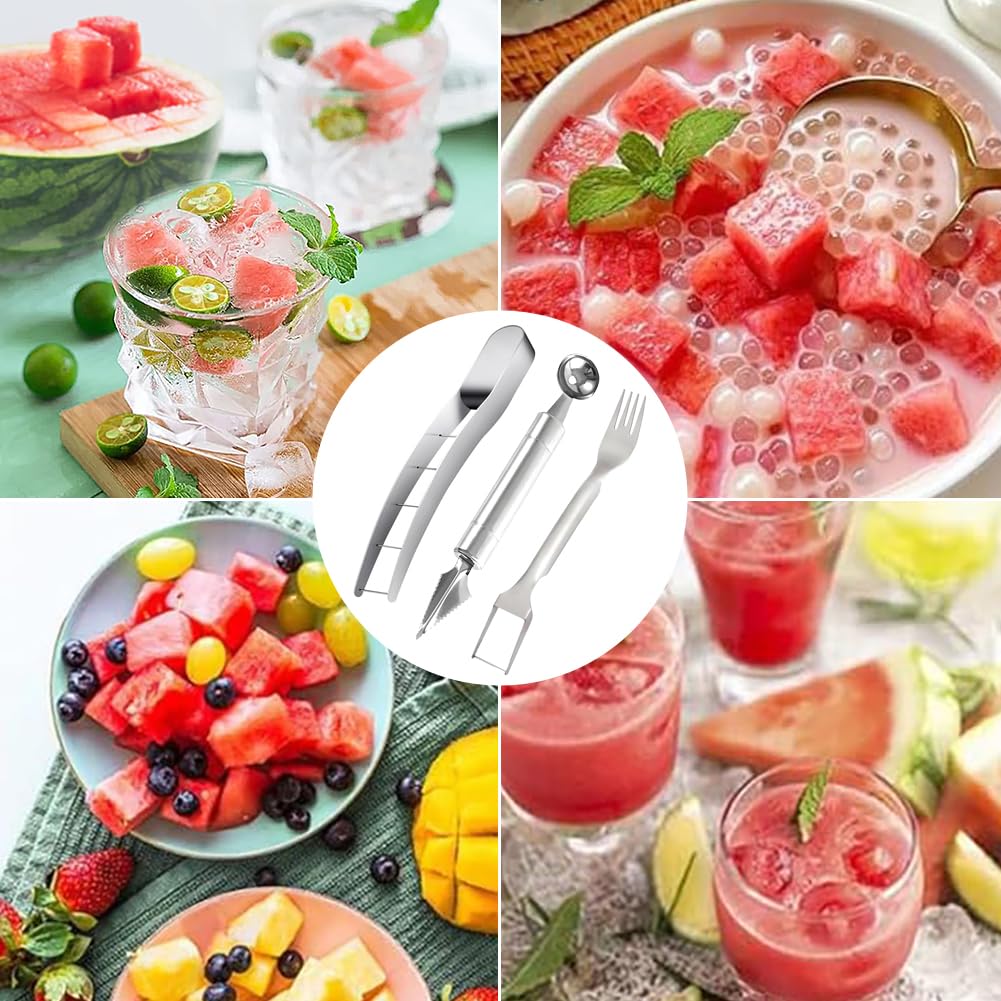 Set 3 ustensile din inox pentru tăiat și servit pepene cu furculiță – Argintiu