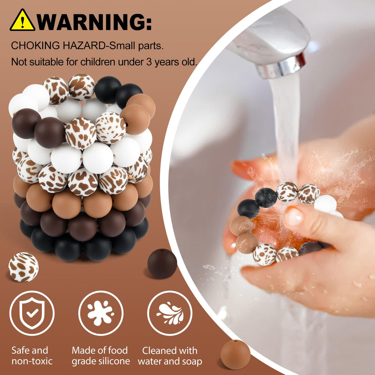 Mărgele rotunde din silicon 15 mm pentru bijuterii handmade, set 100 bucăți – Maro/Alb