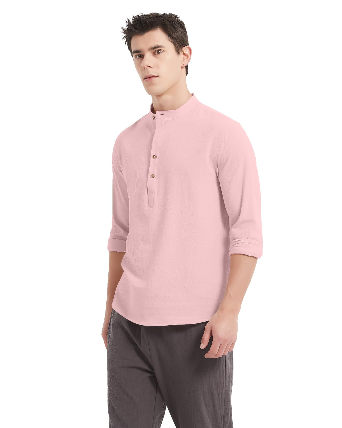 YAOBAOLE Linen Shirt Men Long Sleeve Business Shirt Men Shirt Cotton Linen Shirts Men Pink XL