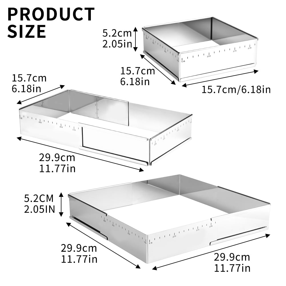 Adjustable Baking Frame Stainless Steel Rectangular Cake Pan 15-28cm – Silver