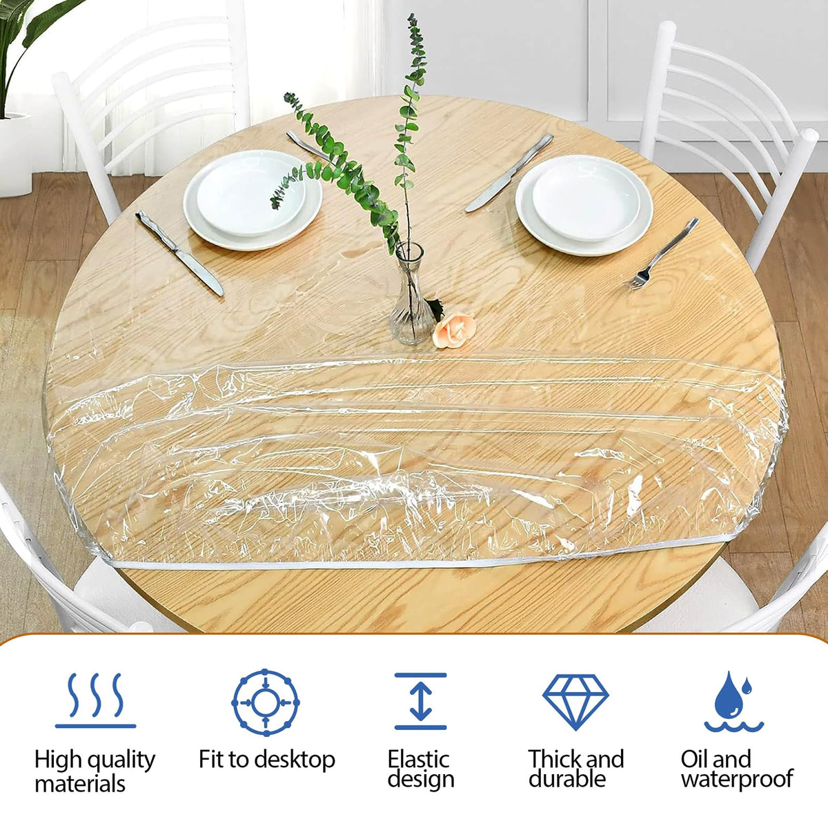Round Elastic Tablecloth Weatherproof Outdoor Transparent with Elastic Band – Transparent 180 cm