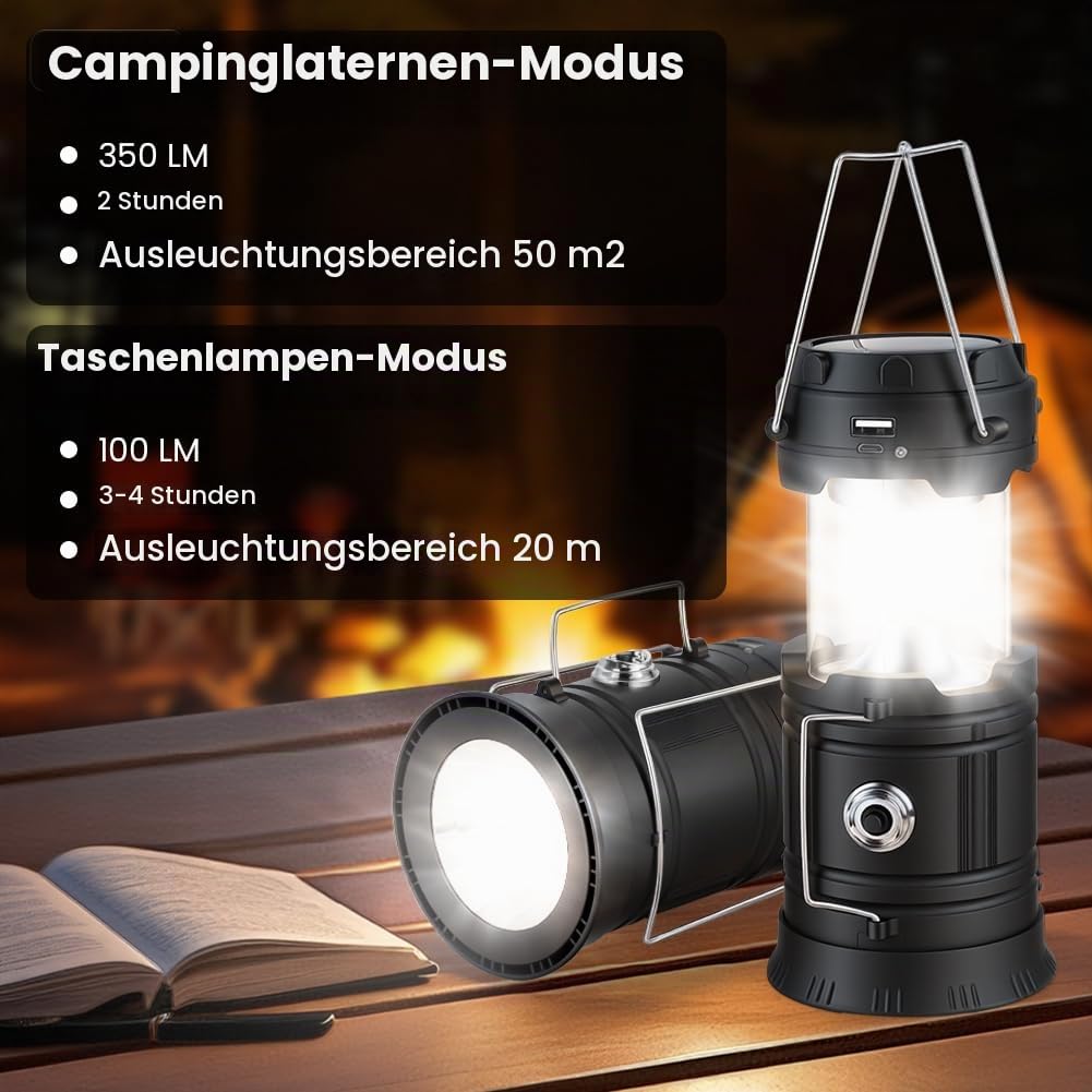 LED Solar Camping Lamp Rechargeable Foldable Waterproof with Hook & USB Charging