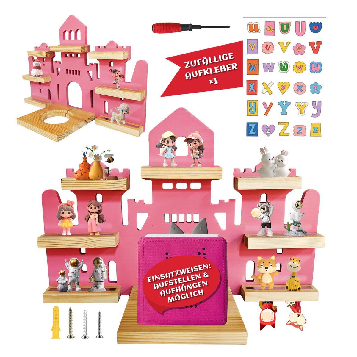 Raft decorativ din lemn formă de castel pentru figurine copii compatibil Toniebox – Natur
