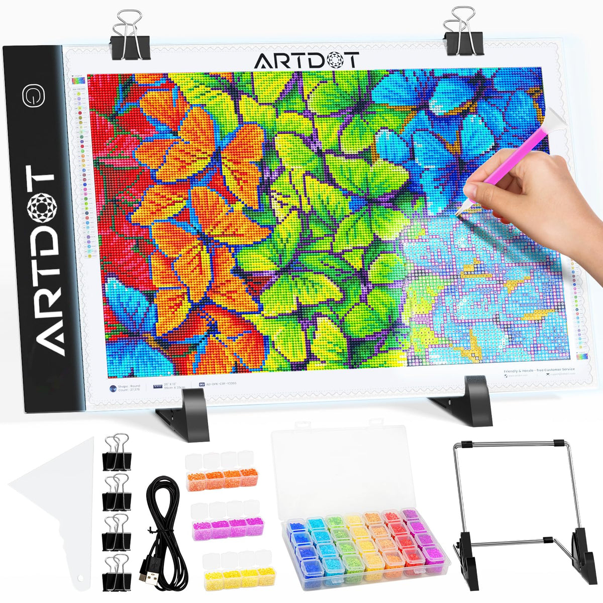 Placă luminoasă LED format A4 ARTDOT cu luminozitate reglabilă și suport pentru pictură cu diamante
