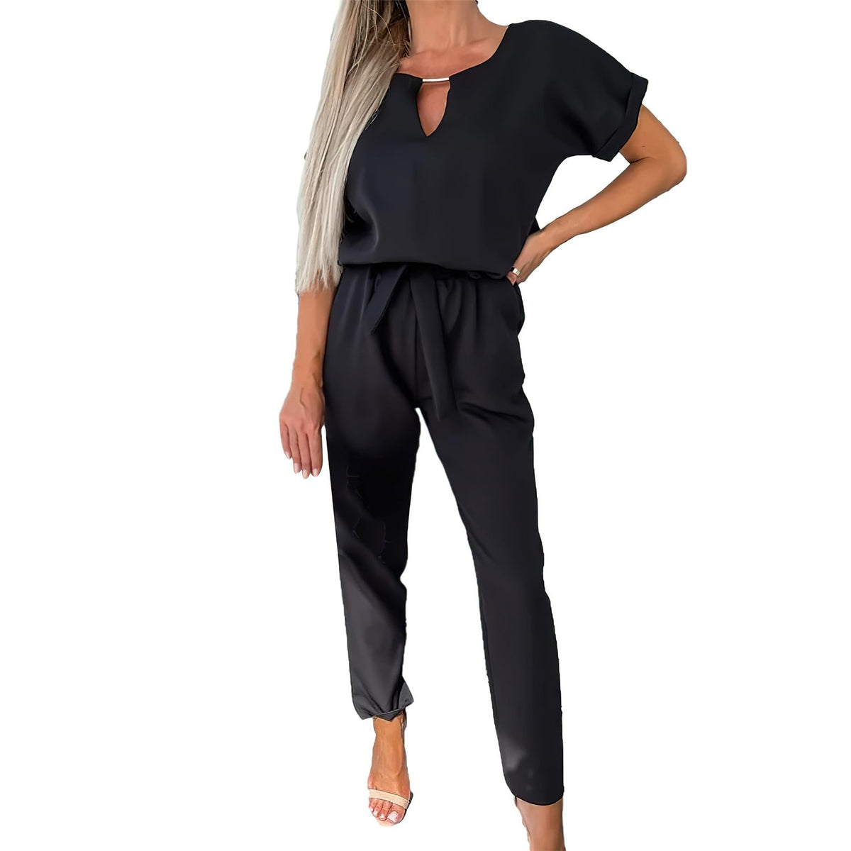 Salopetă lungă elegantă damă amropi cu mânecă scurtă și decolteu în V – Negru L