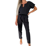 Salopetă lungă elegantă damă amropi cu mânecă scurtă și decolteu în V – Negru L