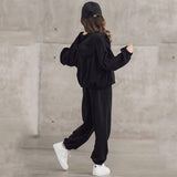 Girls' 3-Piece Jogging Suit Jacket, Pants & Crop Top – Black 116