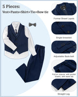 Boys’ 5‑Piece Formal Suit Set Vest Trousers Shirt Bow & Neck Tie – Navy Blue 8–9 yrs (140)