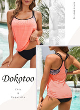 Costum de baie două piese tip tankini damă cu bureți push-up și abdomen aplatizat – Roz XL