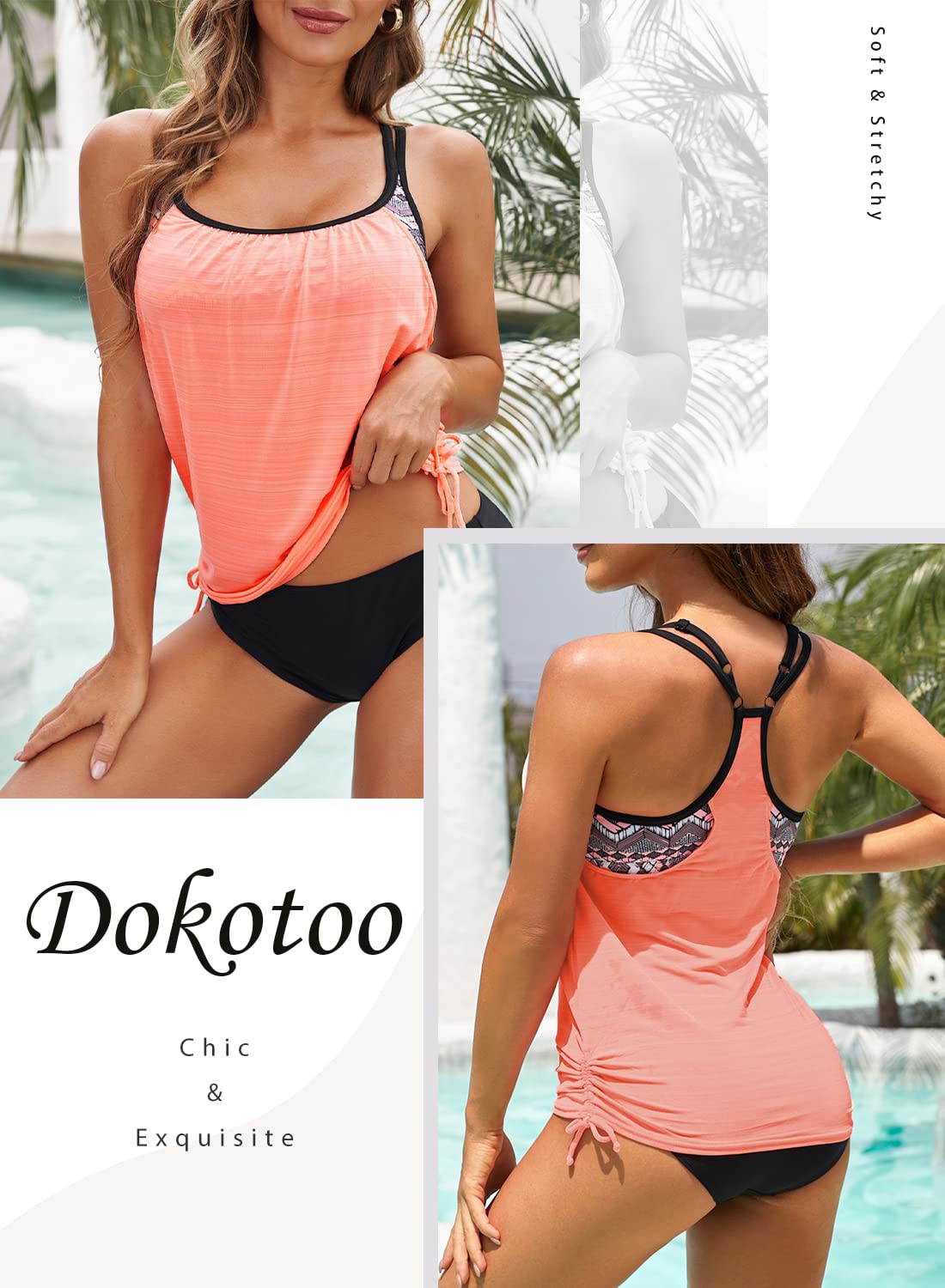 Costum de baie două piese tip tankini damă cu bureți push-up și abdomen aplatizat – Roz XL