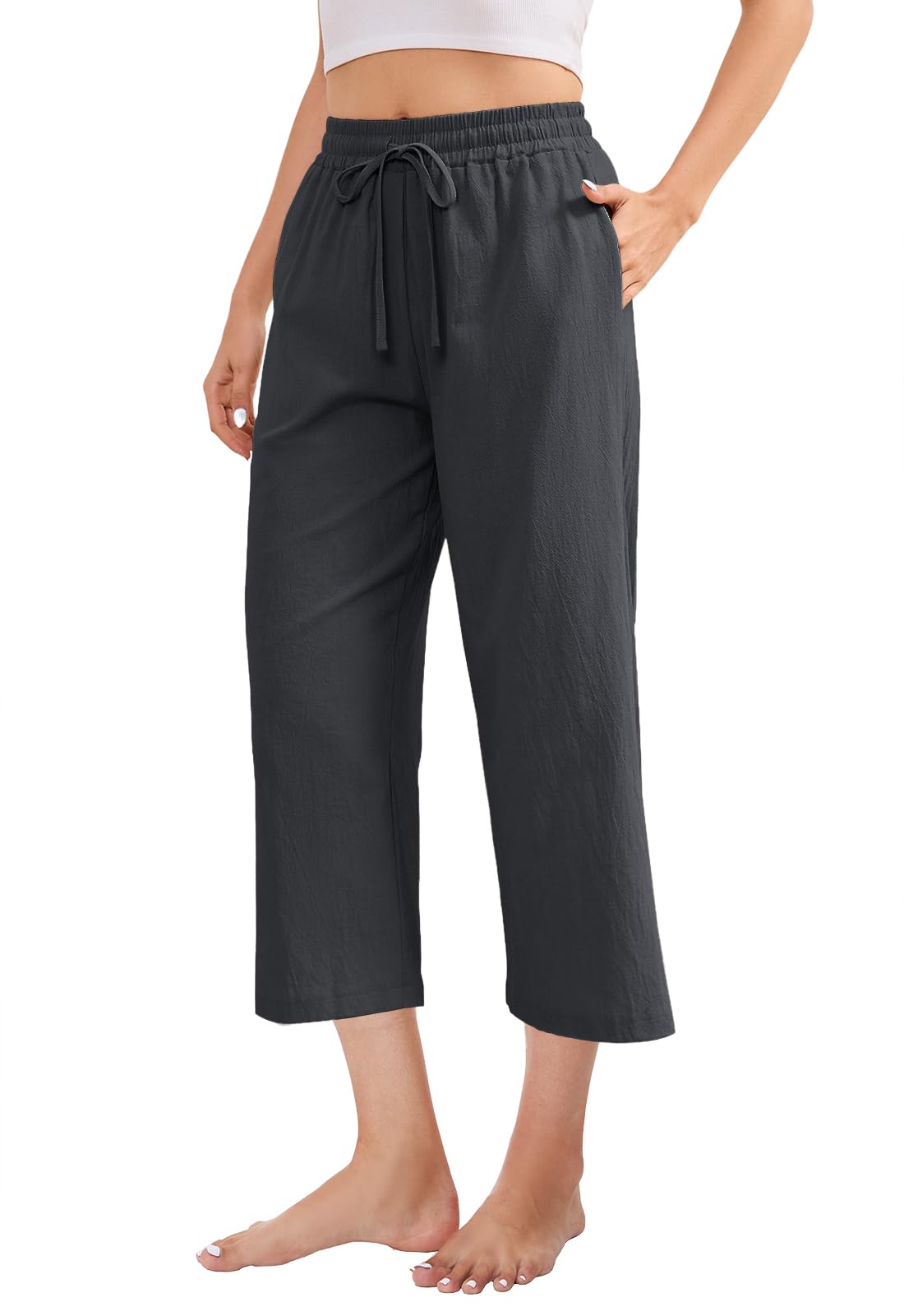Linen Wide Leg 3/4 Trousers Women's High Waist Lightweight with Pockets – Beige