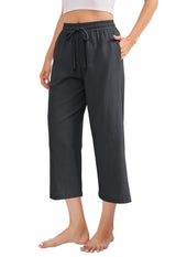 Linen Wide Leg 3/4 Trousers Women's High Waist Lightweight with Pockets – Beige