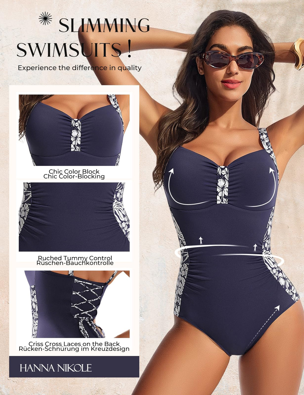 One-Piece Swimsuit Ruched Tummy-Control Push-Up V-Neck Bathing Suit – Blue/White Flower XL