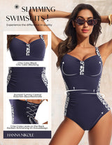 One-Piece Swimsuit Ruched Tummy-Control Push-Up V-Neck Bathing Suit – Blue/White Flower XL