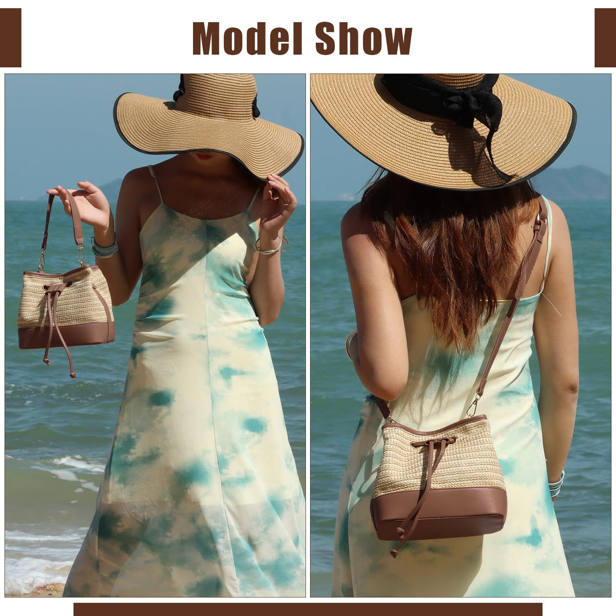 Handwoven Straw Bucket Shoulder Bag Drawstring Beach Handbag – Natural