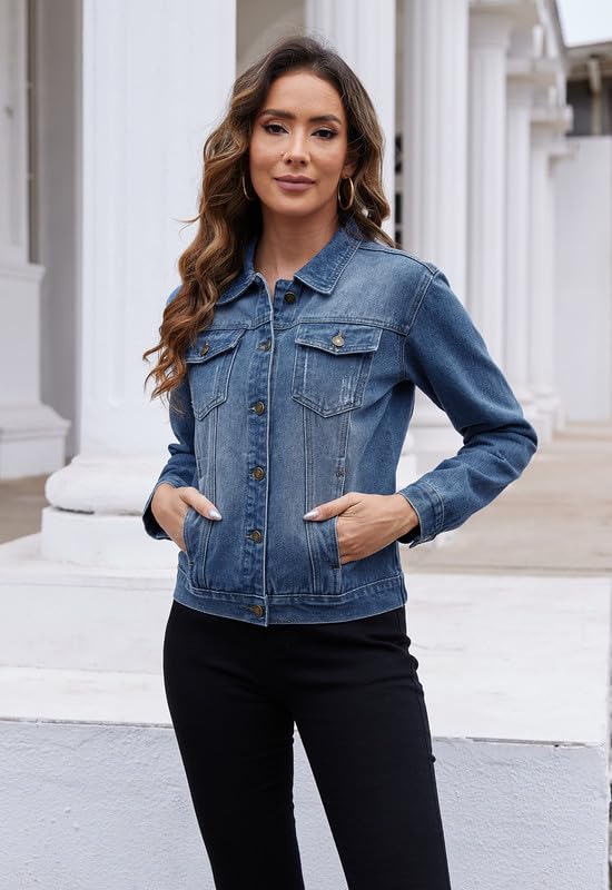 Women's Short Denim Jacket Oversized Long Sleeve with Pockets - Blue S