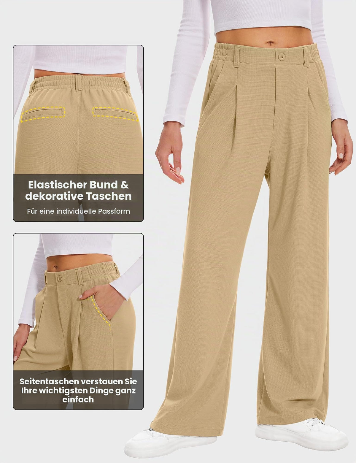 Women's palazzo trousers waffle fabric wide-leg high waist with pockets – Light Khaki XL