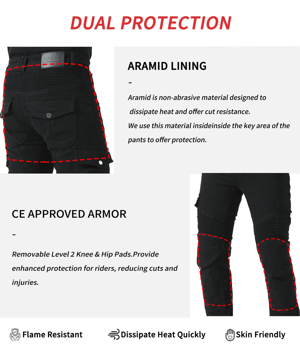 CTBQiTom Men's Motorcycle Pants with Aramid Protective Liner Motorcycle Trousers with Removable Armor CE,Black,30W/30L