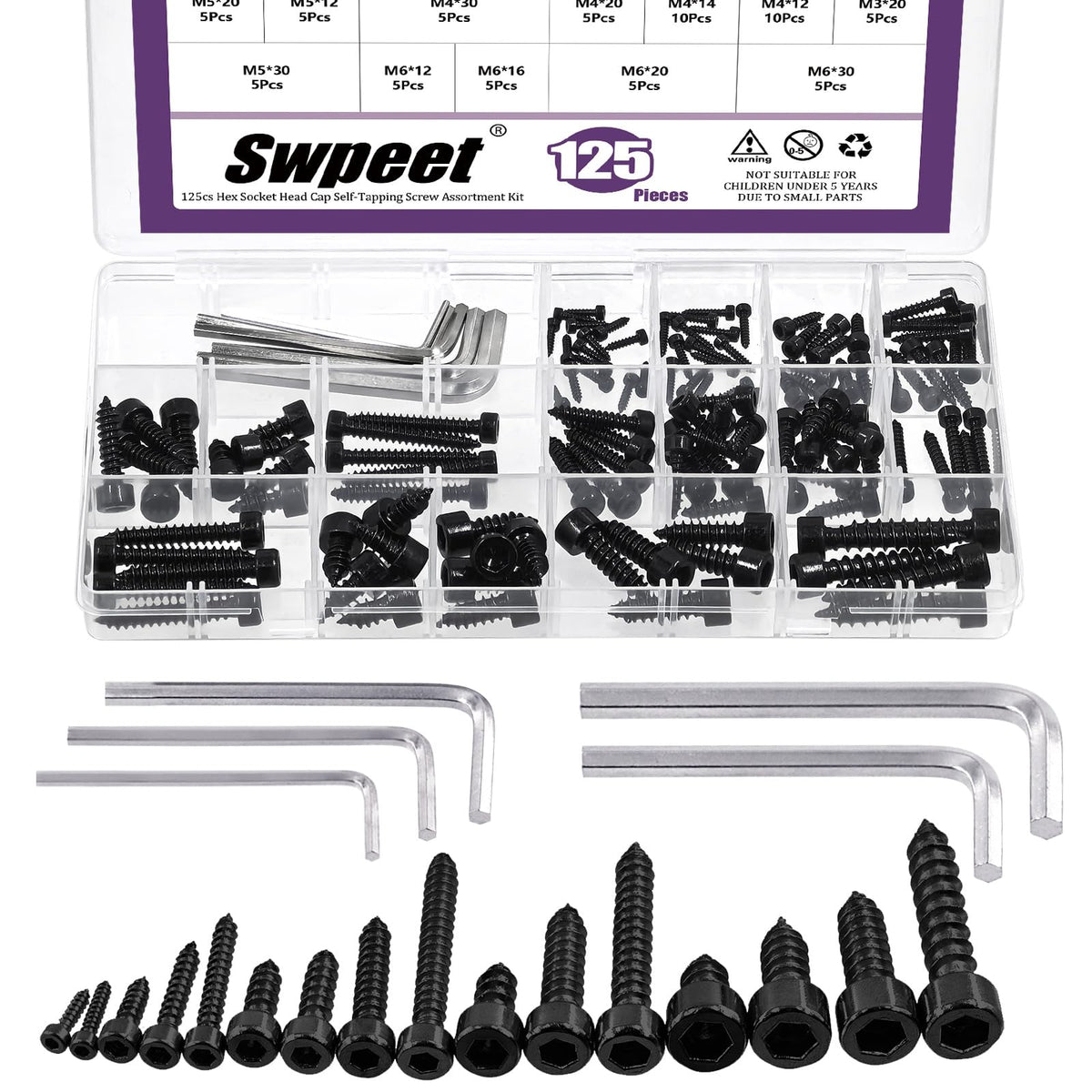 Stainless Steel Self-Tapping Hex Cap Screws Assortment M2-M6 125pc with Hex Keys – 125pc