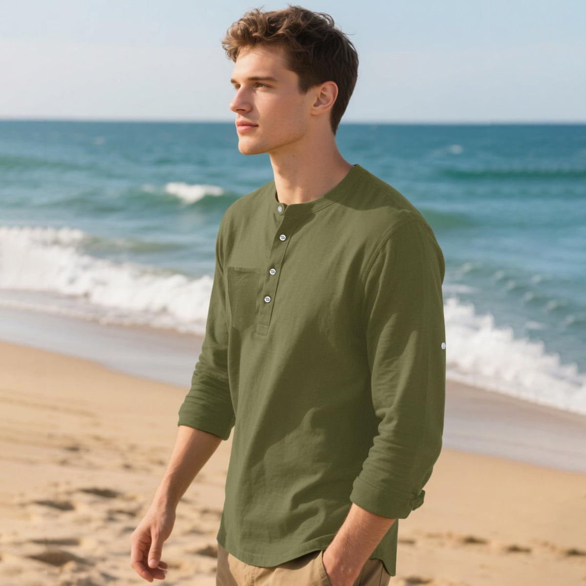 Men's Cotton-Linen Long Sleeve Casual Shirt Lightweight – Blue M
