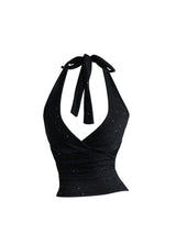 Top scurt strălucitor cu sclipici damă tip halter fără spate – Negru L