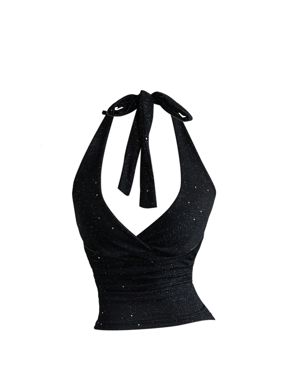 Top scurt strălucitor cu sclipici damă tip halter fără spate – Negru L