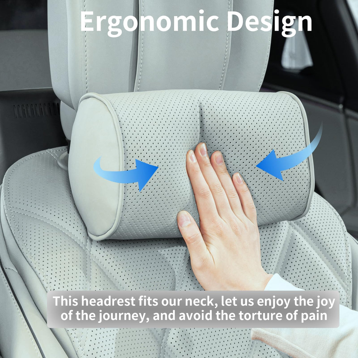 Memory Foam Car Neck Pillow Adjustable Leather Cover for Headrest – Grey