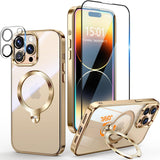 Husă magnetică 3-în-1 pentru iPhone 14 Pro Max compatibilă MagSafe cu inel rotativ 360° – Auriu