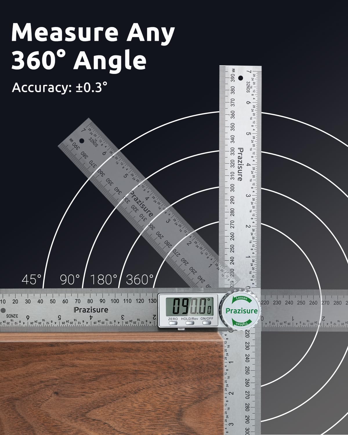 Prazisure Digital Angle Finder 200mm Stainless Steel Protractor – Silver