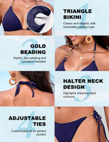 Triangle Bikini Set Halter Padded Top Gold Bead Detail – Various Sizes