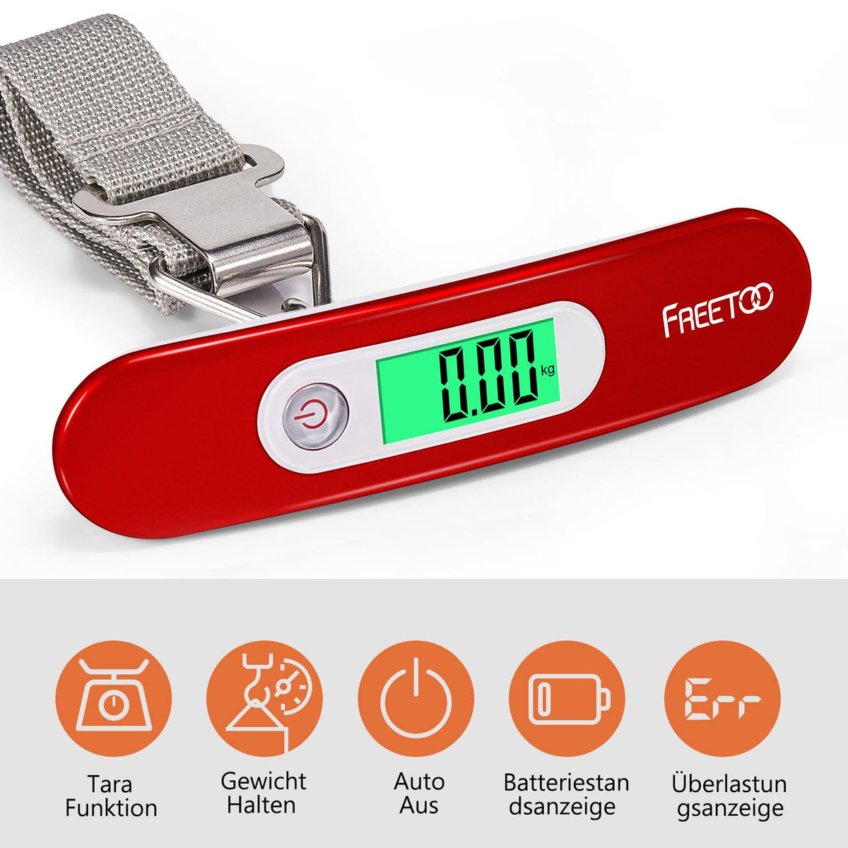 [Digital Luggage Scale] FREETOO Luggage Scale Portable Hanging Scale LCD Display with Backlight Tare Function Practical for Travel/Family Life up to 50KG (Red)