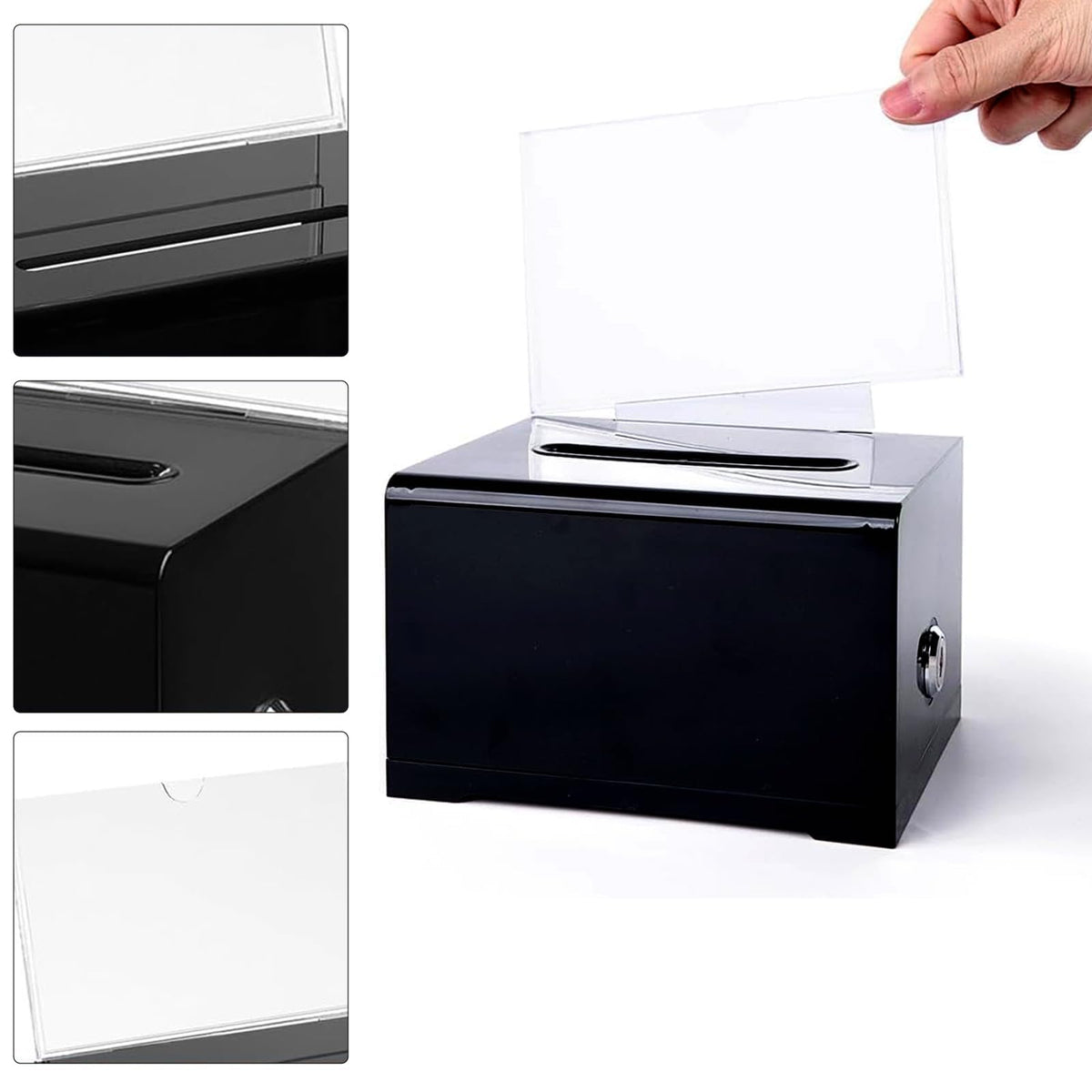 Lockable Acrylic Donation / Ballot Box with Key Lock & Insert Panel – Black