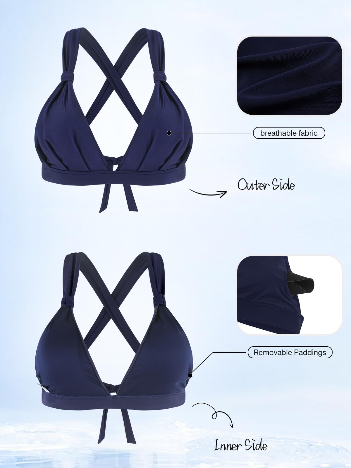 Women's Bikini Top V-Neck Cross-Back Lace-Up – Black XL