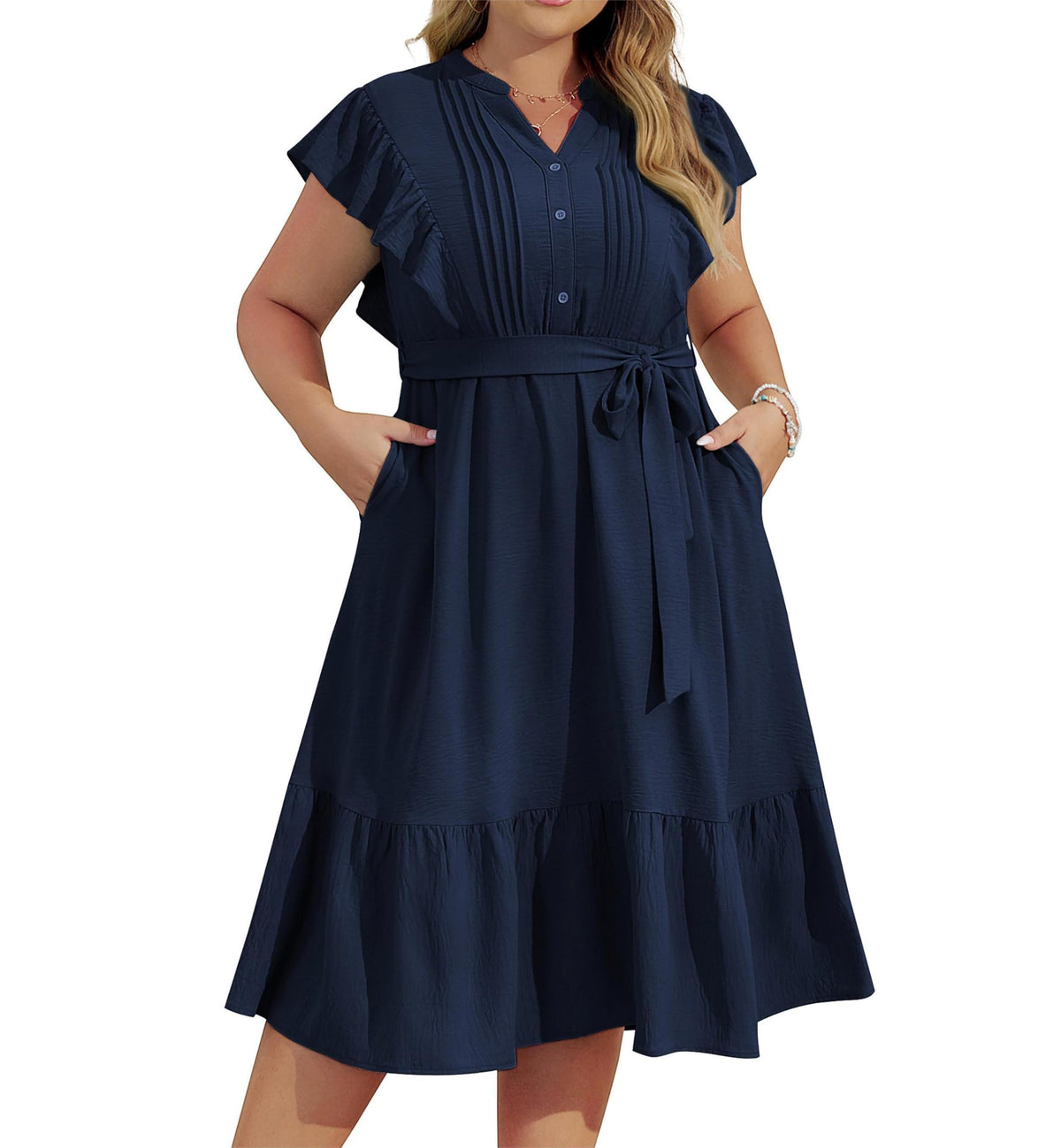 Women's Plus Size Midi Dress V-Neck Button Placket A-Line with Belt – Navy 46