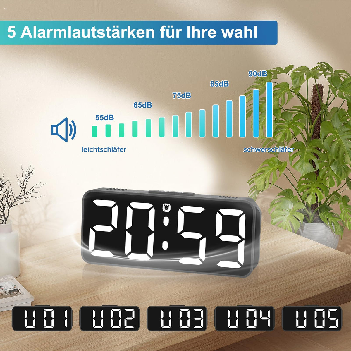 Digital Alarm Clock Silent Adjustable Volume – White
