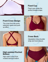 heekpek Women's Two-Piece Swimsuit High Waist Bikini Set Swimwear for Curvy Women Push Up Padded V-Neck Cross Front Swimsuit, Burgundy, XL