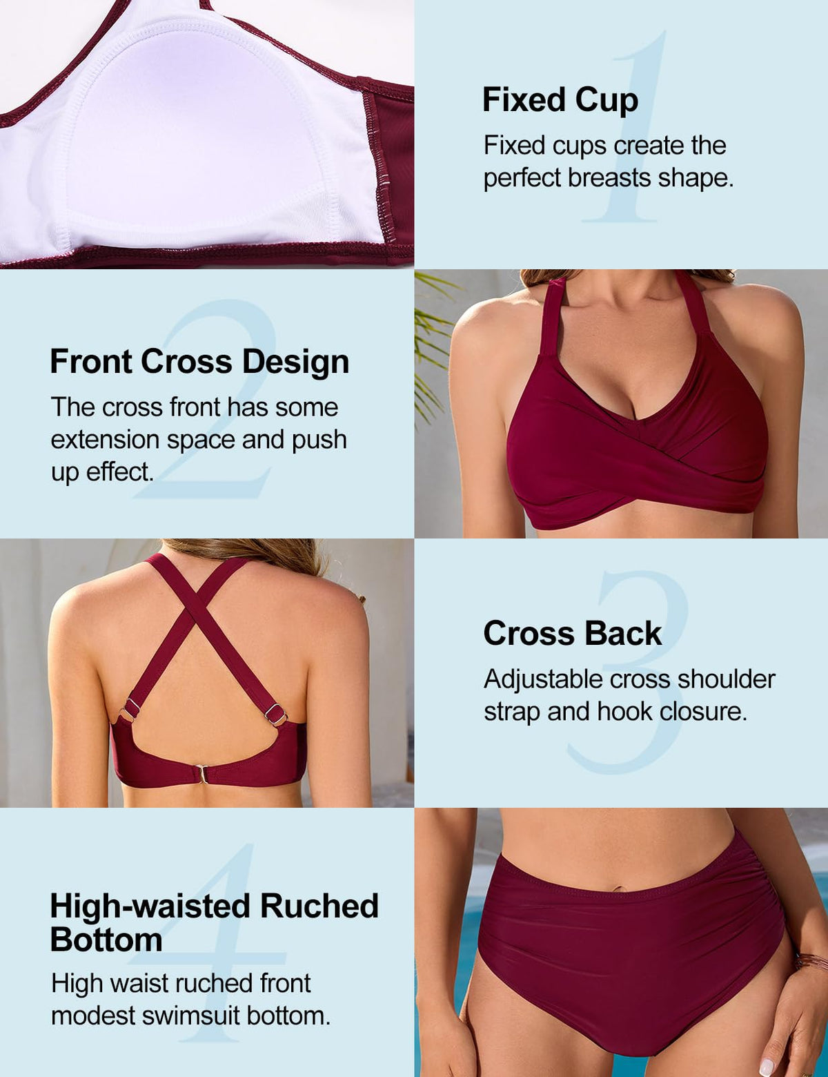 heekpek Women's Two-Piece Swimsuit High Waist Bikini Set Swimwear for Curvy Women Push Up Padded V-Neck Cross Front Swimsuit, Burgundy, XL
